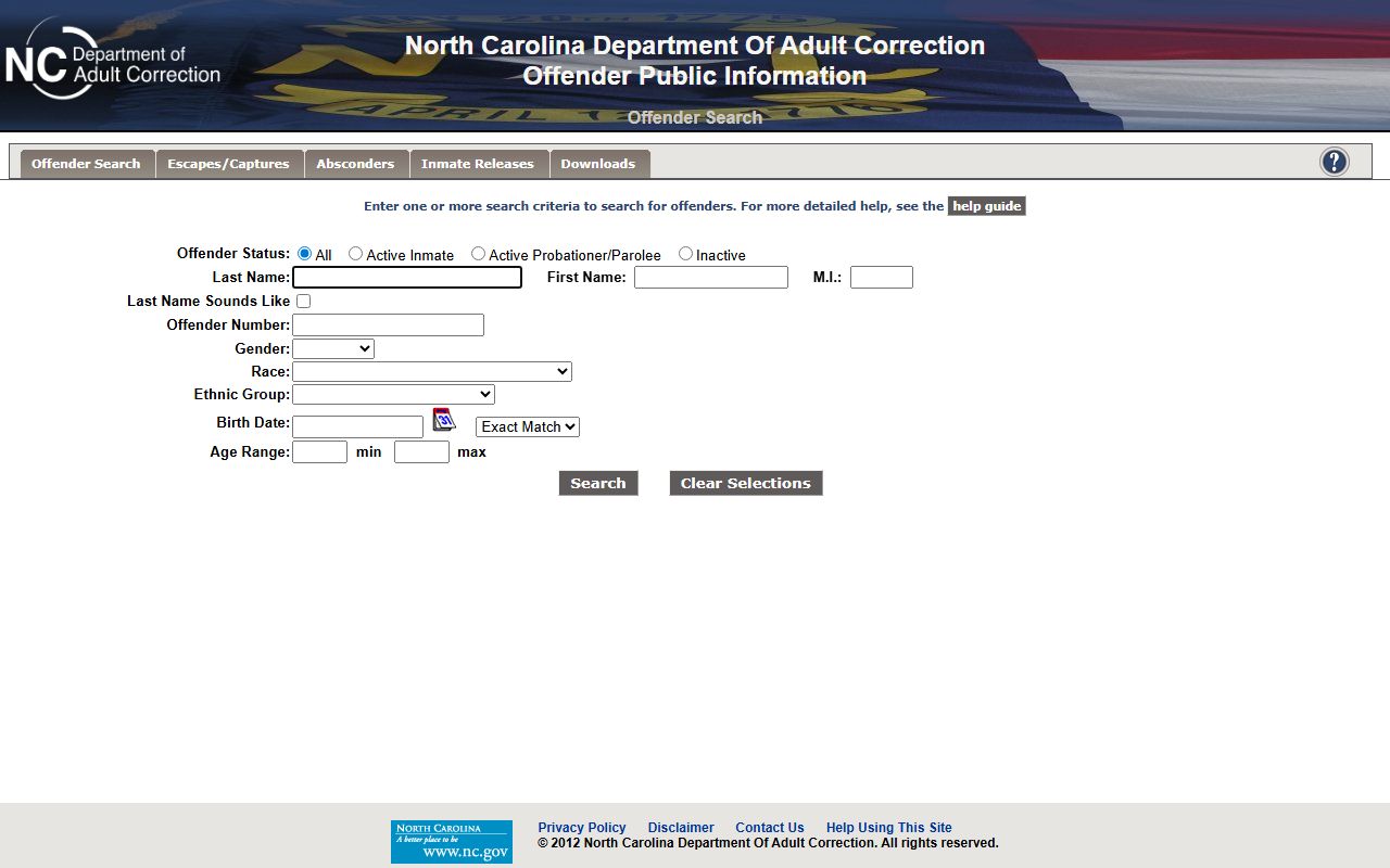 North Carolina NCDAC Offender Public Information search form