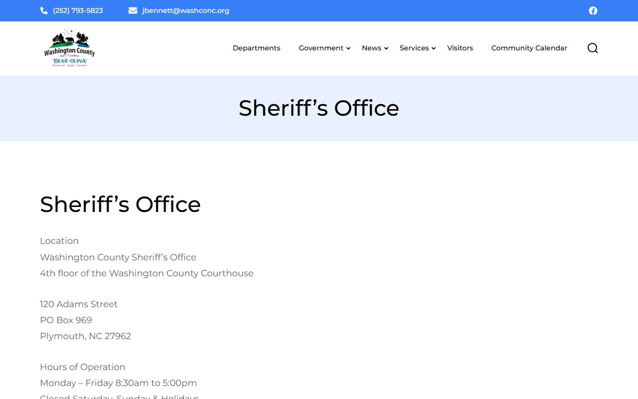 Washington County Sheriff's Office page showing detention and courthouse details